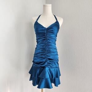 Jessica McClintock Y2K Teal Satin Halter Ruffle Drop Waist Mini Homecoming Dress